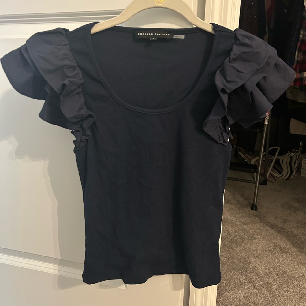 English Factory Navy Ruffle Sleeve Top